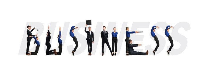 Group of people forming business word at studio