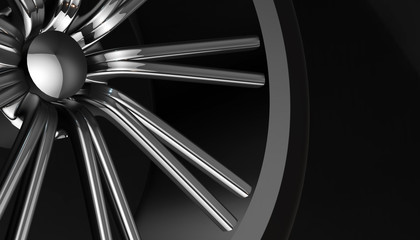 Aluminium on shadow and light rim of luxury car wheel. Various material and background, 3D render