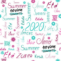 Fototapeta na wymiar No covid 19 Vector seamless three-color pattern of summer 2020 words written by hand in different peoples languages background white, letters and words of fashionable green red shades