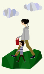 散歩する親子　背景あり