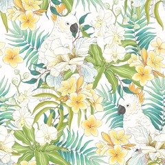 Flowers Plumeria, Orchid, Fleur de lis, leaves and Parrot Cockatoo. Vector seamless pattern, tropical illustration in vintage style on white background.