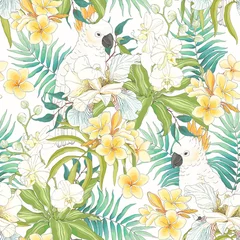 Fotobehang Papegaai Bloemen Plumeria, Orchid, Fleur de lis, bladeren en Parrot Cockatoo. Naadloze patroon vector, tropische illustratie in vintage stijl op witte achtergrond.