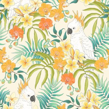 Seamless summer pattern with flowers Plumeria, Orchid, leaves and white parrot Cockatoo. Vector tropical illustration in vintage style on beige background.