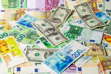 Banknote texture of american dollars, euros and new israeli shekels. Business, finance, currency funds.