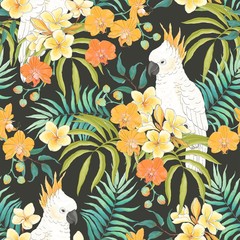 Parrot Cockatoo with flowers Plumeria, Orchid and leaves. Vector seamless pattern, tropical illustration in vintage style on dark background. © Nikole