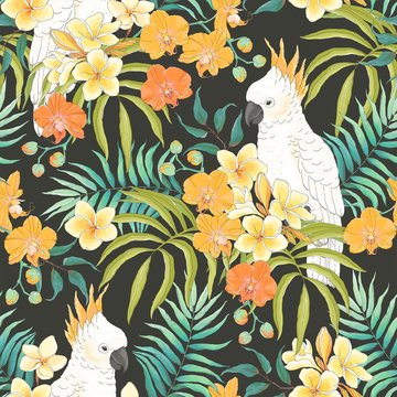 Parrot Cockatoo with flowers Plumeria, Orchid and leaves. Vector seamless pattern, tropical illustration in vintage style on dark background.