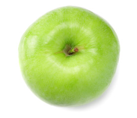 green apple isolated on white background. one apple. top view