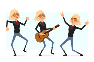 Cartoon flat funny cute rock and roll girl character in leather jacket. Ready for animation. Blonde girl resting playing on guitar and dancing. Isolated on white background. Vector icon set.