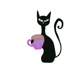 black cat with pink cup of coffee on white background isolated. Postcard, print, mug, stationery, kids design