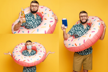 collage of emotional bearded guy in glasses or in medical mask with donut swim ring, beer and passport on yellow