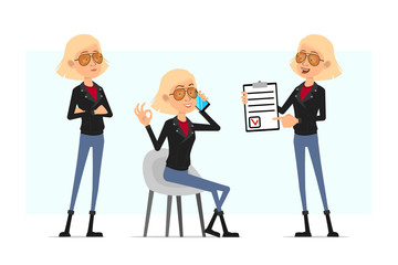 Cartoon flat funny cute rock and roll girl character in leather jacket. Ready for animation. Blonde girl talking on phone and showing to do list tablet. Isolated on white background. Vector icon set.