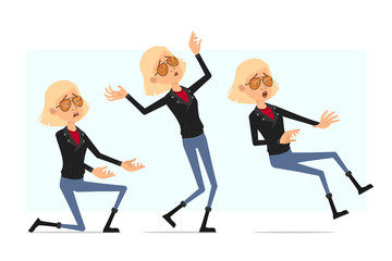 Cartoon flat funny cute rock and roll girl character in leather jacket. Ready for animation. Blonde girl falling back and standing on one knee. Isolated on white background. Vector icon set.
