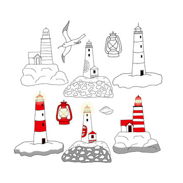 Beautiful vector set with lighthouses, lamp and seagull. Retro Clipart Illustration.