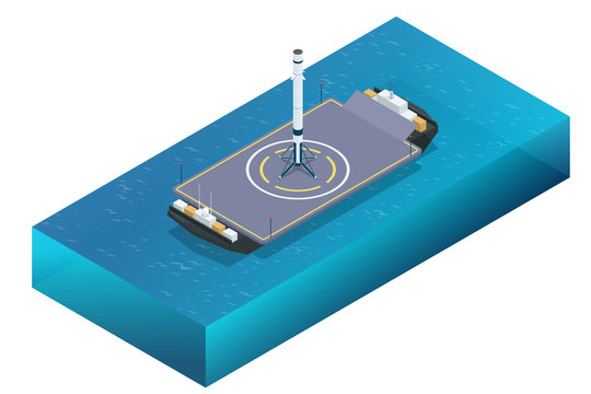 Isometric Take-off And Landing Of A Rocket From A Ship. Military Sea Transport. International Army. Rocket, Launch Vehicle, Satellite, Launch Pad, Payload.