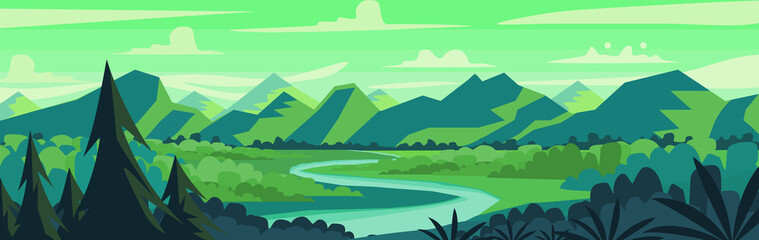 Fototapeta na wymiar Vector illustration of sunset forest panoramic view with mountains, trees and river in flat cartoon style.