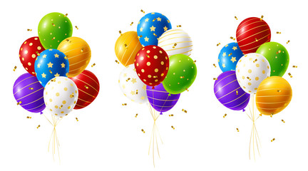 Set of bright rainbow balloons bunches with golden confetti isolated on white background © evgeniya_m