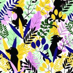 Dogs, puppies, flowers, tropical nature vector seamless pattern. Concept for wallpaper, wrapping paper, cards 