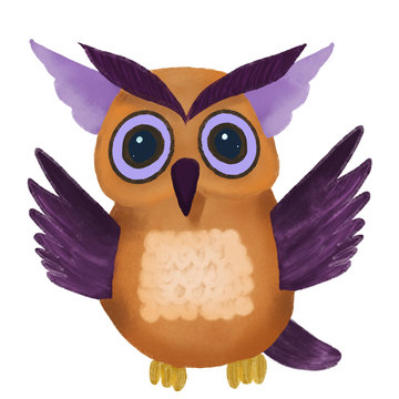 Violet and brown owl with wings isolated on white background. cartoon character. Kids design. mug, poster, stationery, print design