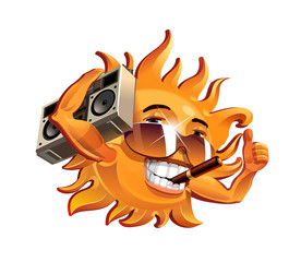 The fun sun, smokes a cigar and listens to the tape recorder. Vector illustration