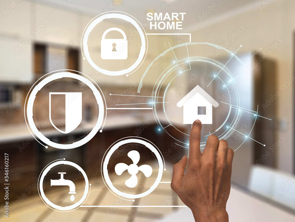 Poster futuristic technologies. man pressing button on imaginary screen, picking among smart home functions