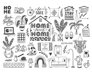 Stay at home-hand drawn vector set about coronavirus, Covid-19, Stay safe, work in home, home sweet home isolated on white background. Pandemic protection. Quarantine doodle icons, home elements. 