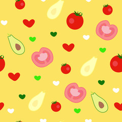 Tomatoes and avocados seamless pattern in vector. Fresh food print for kitchen textile, fabric, wrapping, wallpaper. Natural products.