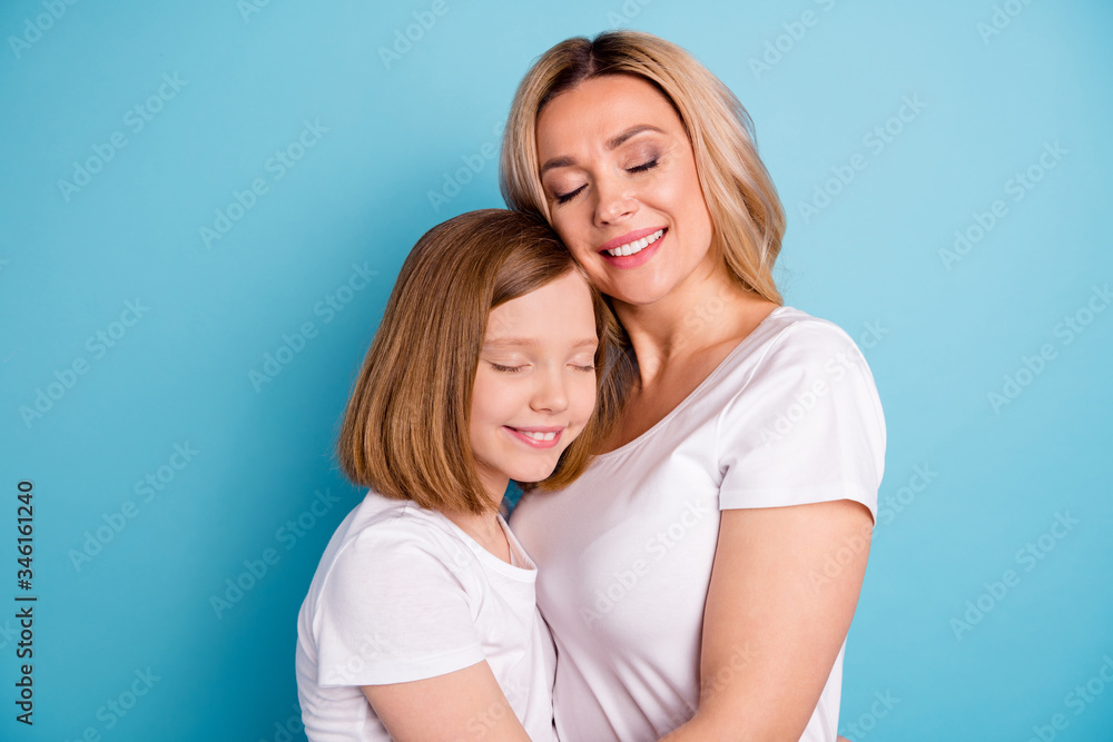 Poster profile photo of two people beautiful mommy lady little daughter blonds hugging leaning head eyes cl