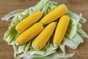 peeled yellow corn on a background of green leaves on a wooden table
