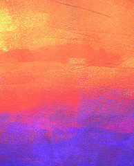 Bright orange and purple abstract background paintted with acryl on paper, paper texture, brush strokes, sunset colors