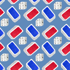 Seamless pattern with dices and deck of cards of blue and red colors. Watercolor hand drawn illustrations