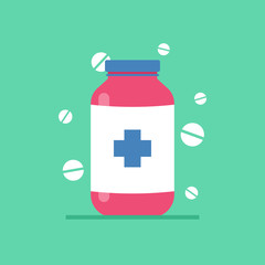 Medicine bottle with vitamin pills on green background. Healthcare and pharmacy. Vector illustration in flat style. Medical concept