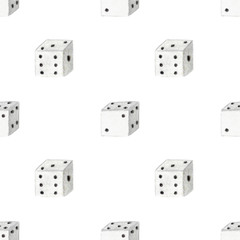Seamless pattern with white dices on white background. Watercolor hand drawn illustrations
