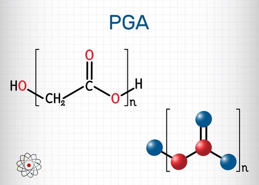 Polyglycolide or polyglycolic acid, PGA molecule. It is a biodegradable, thermoplastic polymer. Structural chemical formula and molecule model. Sheet of paper in a cage. Vector illustration