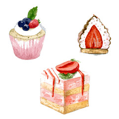 Set of Cut cake with strawberries, mousse, cookies, glazed chocolate and Layered biscuit cake decorated with strawberries. Watercolor illustration isolated on white background. Vector - 346163651