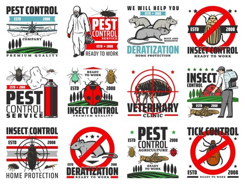 Pest control, insects extermination and rodents deratization service vector icons. Domestic and agriculture pest control, disinfection and fumigation of bugs and ticks, flea, locust and cockroach