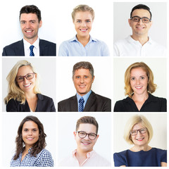 Fototapeta na wymiar Businessman and businesswoman team looking at camera. Isolated over white background. Diversity and business team concept. Group of smiling businesspeople portraits.