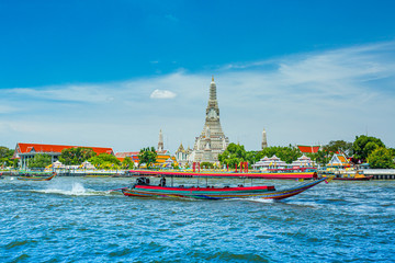 Bangkok tourists on Chao Praya river water bus Wat Arun Thailand,Wat Arun temple, Bangkok, Thailand  - obrazy, fototapety, plakaty