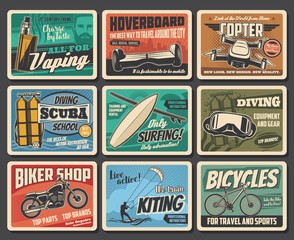 Active sport and summer leisure, entertainment vector retro posters. Scuba diving school, water kiting and ocean surfing club, travel bicycles and biker shop, hoverboard and vaping e-cigarettes