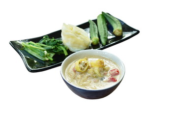 herb soybean sauce with minced shrimp and chop pork in coconut milk sauce served couple boiled vegetable on plate