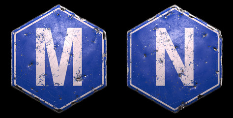 Set of public road signs in blue color with a capital white letter M and N in the center on black background. 3d