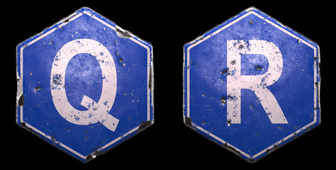 Set of public road signs in blue color with a capital white letter Q and R in the center on black background. 3d