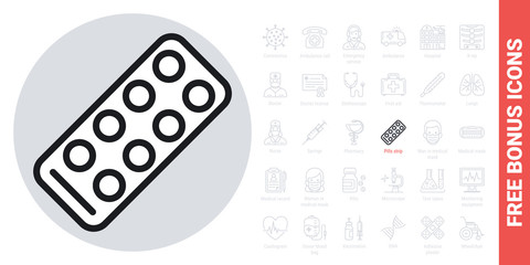 Pills strip icon. Simple black and white version. Free bonus icons kit included