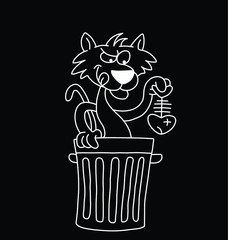 Monochrome outline cartoon cat scavenging for his dinner in a trashcan isolated on black background