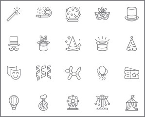 Set of carnival and amusement park Icons line style. It contains such Icons as circus, magic, party, festival, decoration, fair, rides and other elements.