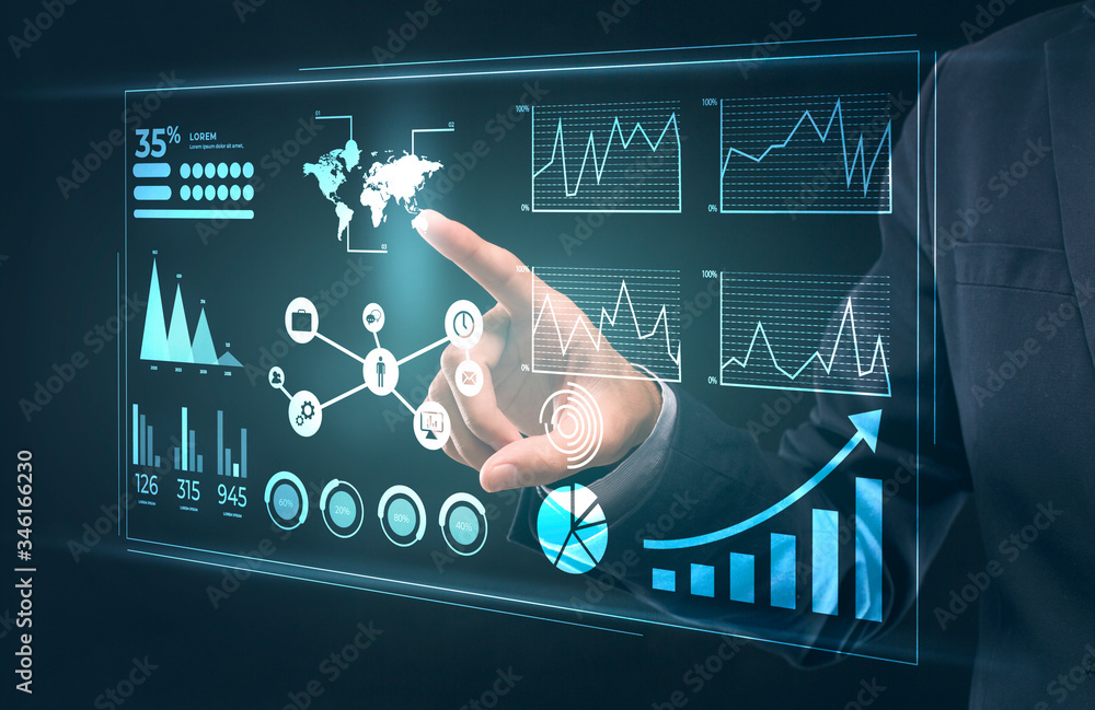 Poster Entrepreneur checking on business data on interactive screen