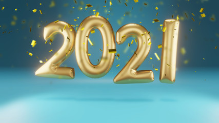 Happy New year 2021. Golden foil balloons numbers 2020 and confetti, 3d illustration