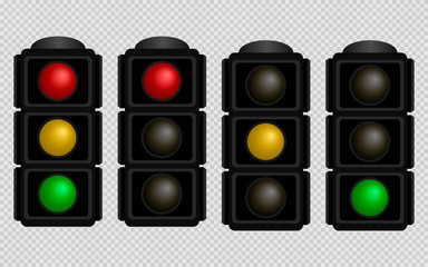 Traffic light. Set of traffic lights with red, yellow and green color on a transparent background. Isolated vector illustration. EPS 10
