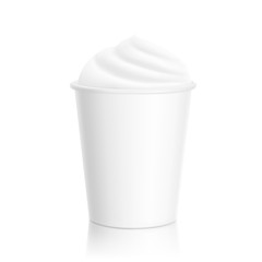 Realistic blank paper cup mockup with creamy foam. Drink to go, take out mug. Vector illustration on grey background. EPS10.