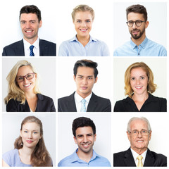 Fototapeta premium Different men and women smiling at camera being self-confident. Isolated over white background. Diversity and business team concept. Collage of happy people faces.