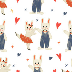 Hand drawn children style illustration.  Seamless pattern with funny bunny.